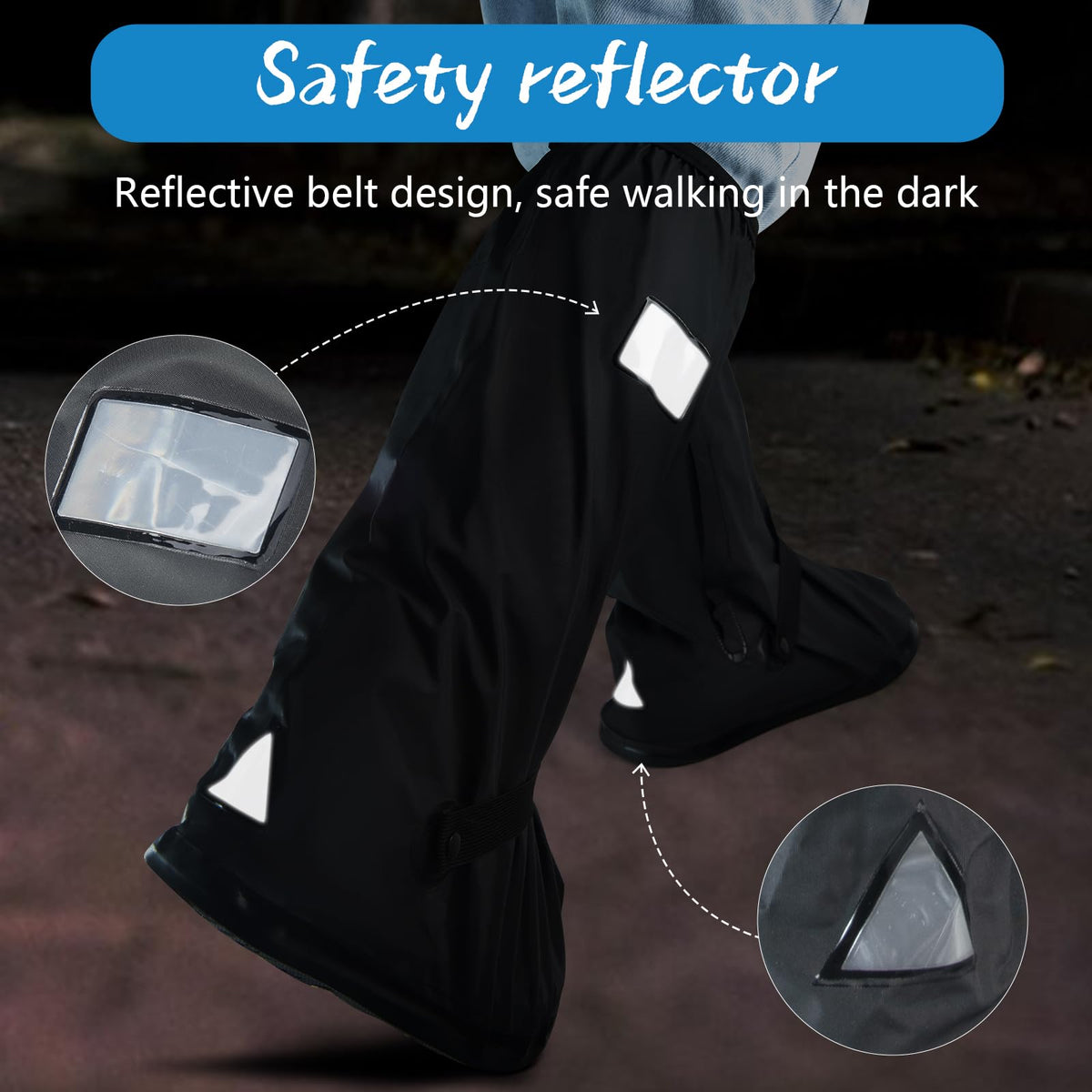 Waterproof Rain Boot Covers with Safety Reflector, Black, 2XL