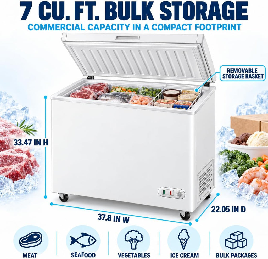 7 Cu. Ft. Commercial Deep Chest Freezer, Locking Stay-Open Lid, White