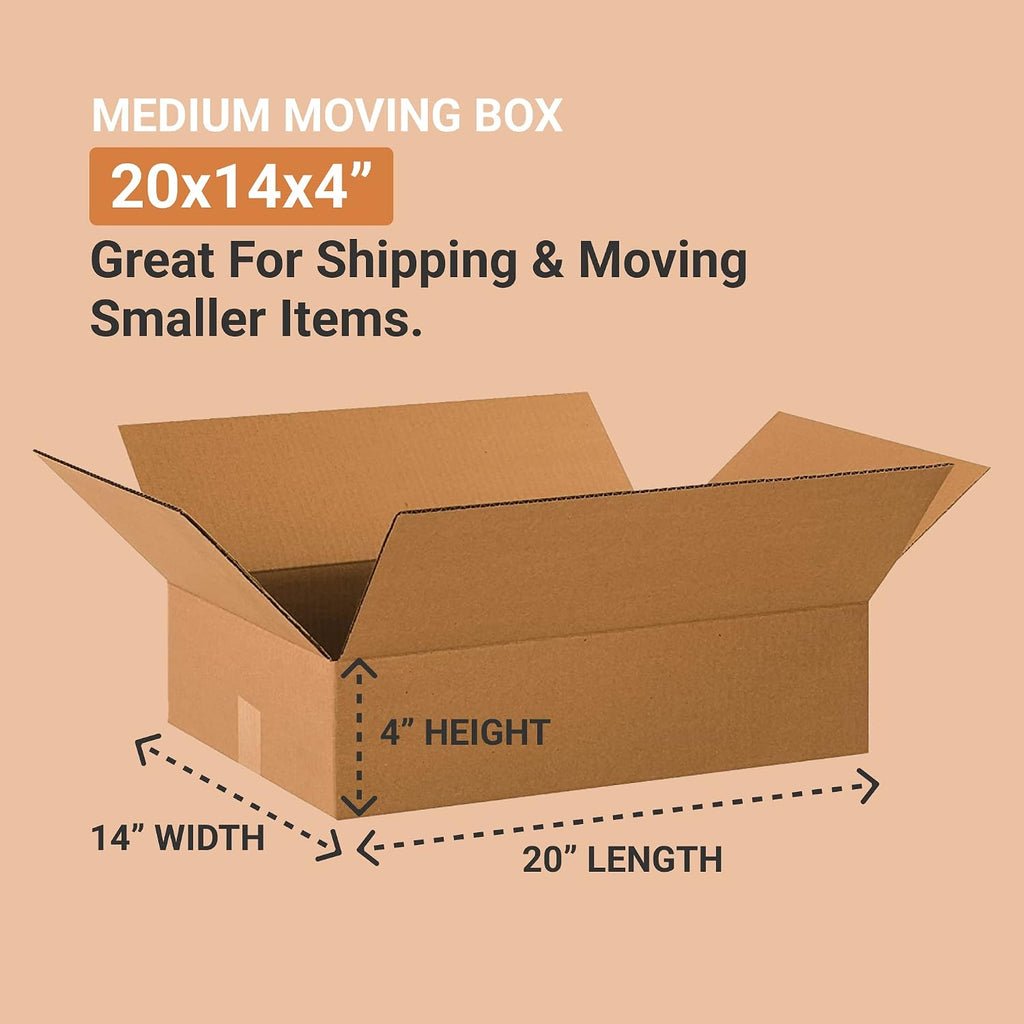 Shipping Boxes Flat 20"L x 14"W x 4"H 25-Pack - Corrugated Cardboard Box for Moving, Mailing, Packing, Packaging and