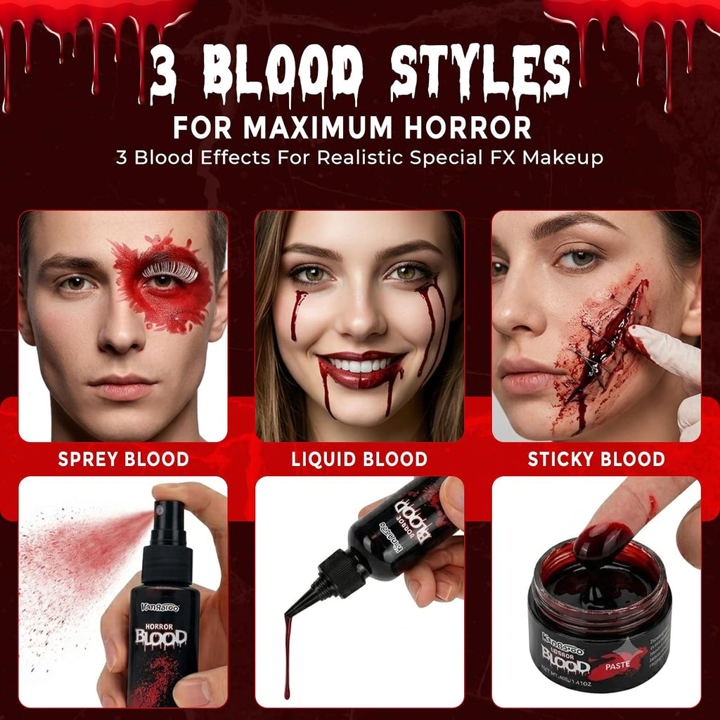 3Pcs Vampire Makeup Kit with Liquid, Paste & Spray Fake Blood