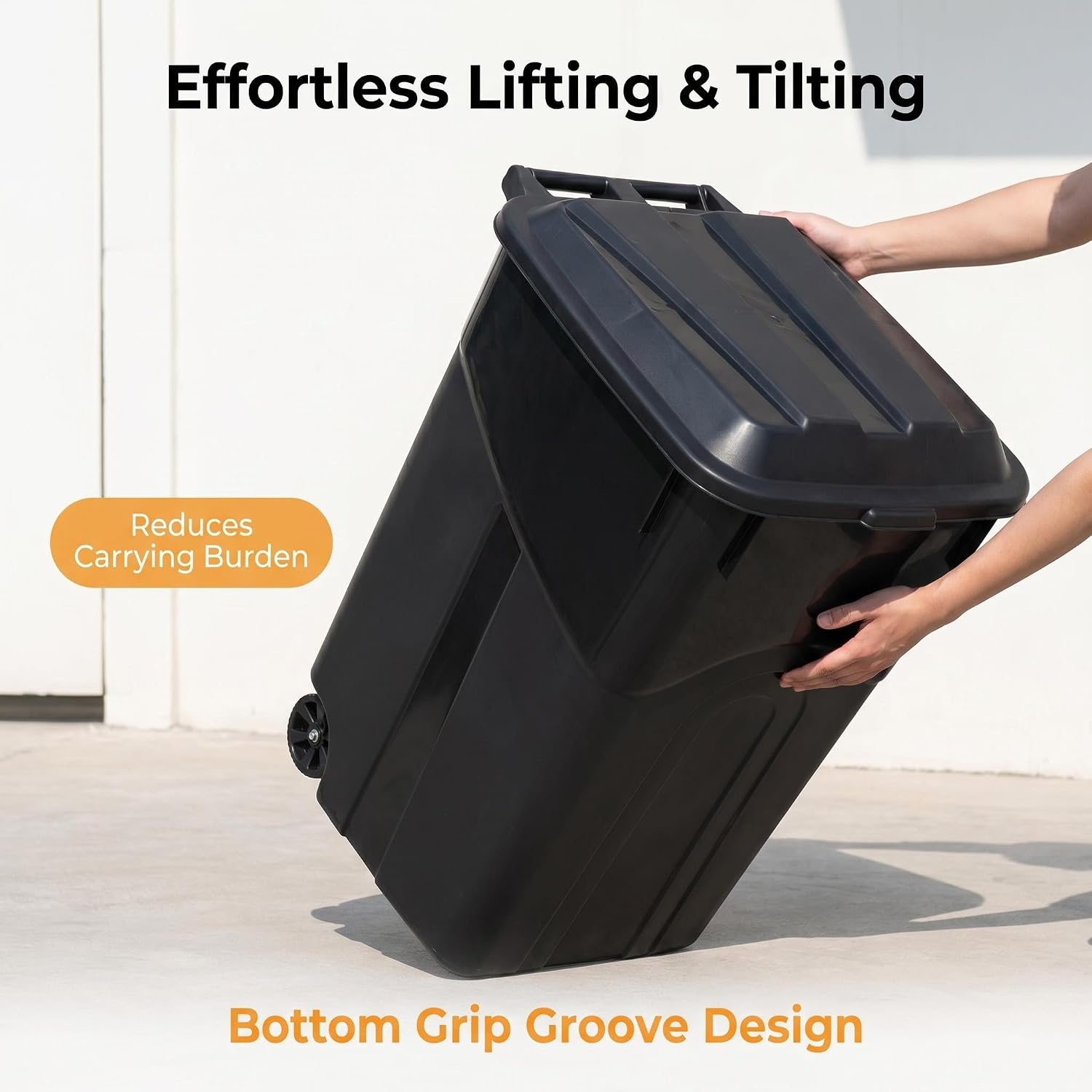 45 Gallon Wheeled Heavy Duty Plastic Garbage Can with Attached Lid, Durable Outdoor Trash Can with Wheels, Large