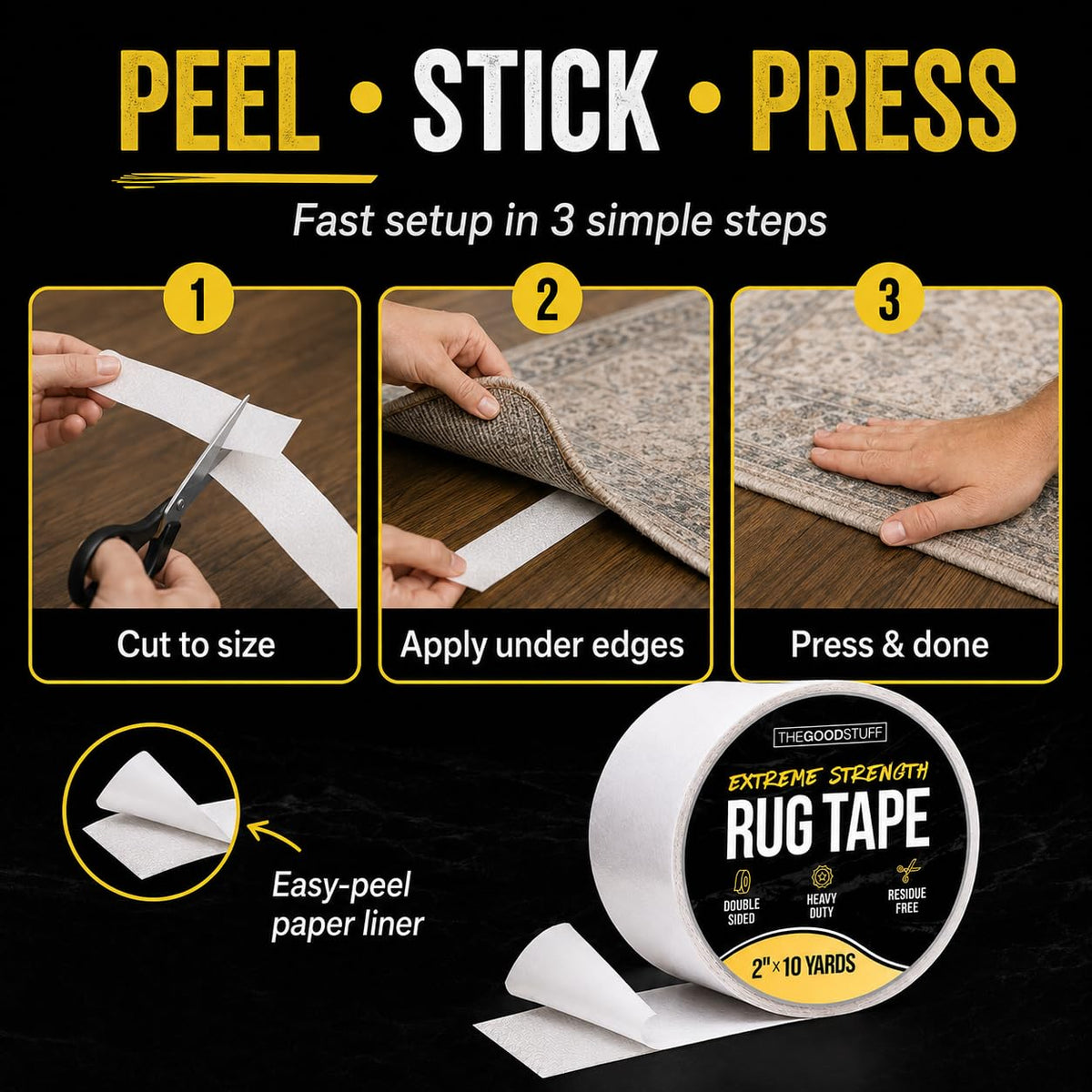 Double Sided Rug Tape [2 Inch x 10 yd] Secure Area Rugs