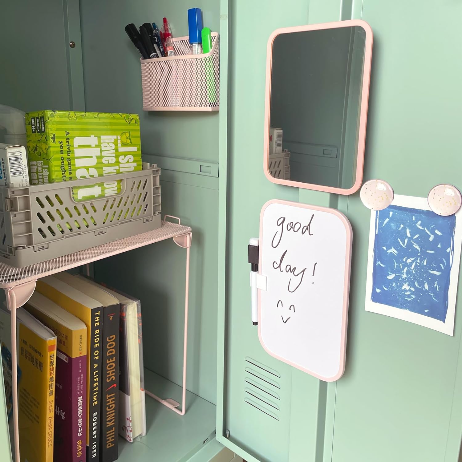 Pink Locker Accessories with Locker Shelf, Magnetic Mirror, Magnetic Pen Holder, Magnetic Small Whiteboard, Back to
