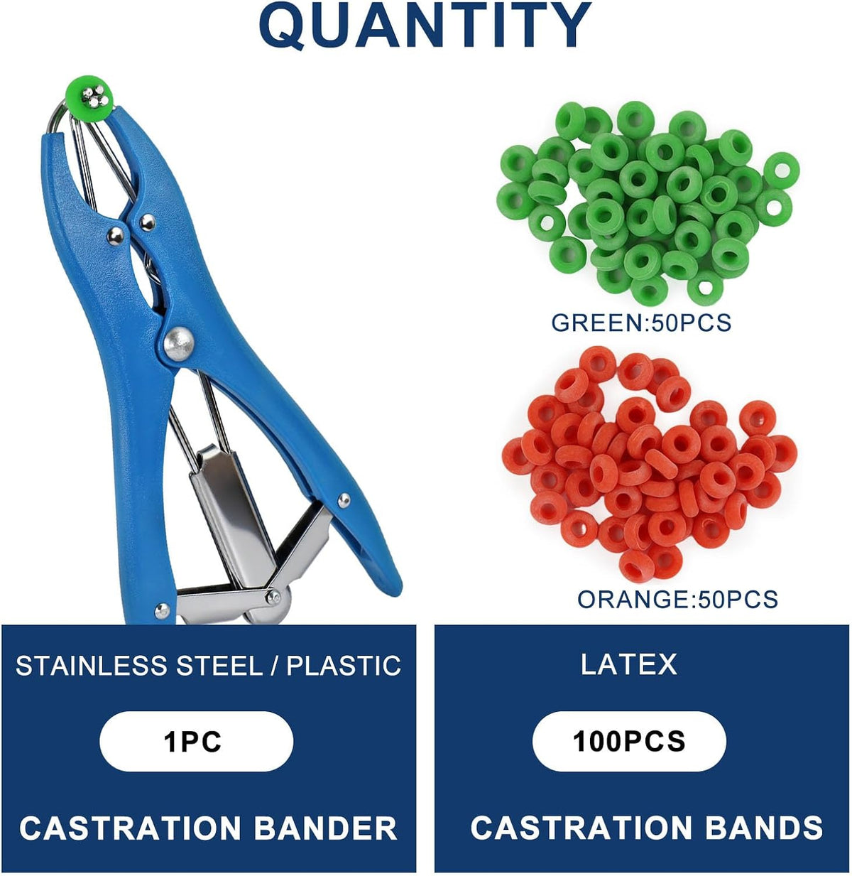 Goat Banding Tools, Including 1pc Stainless Steel Bander and Green and Orange Total 100pcs Banding Rings, Expander