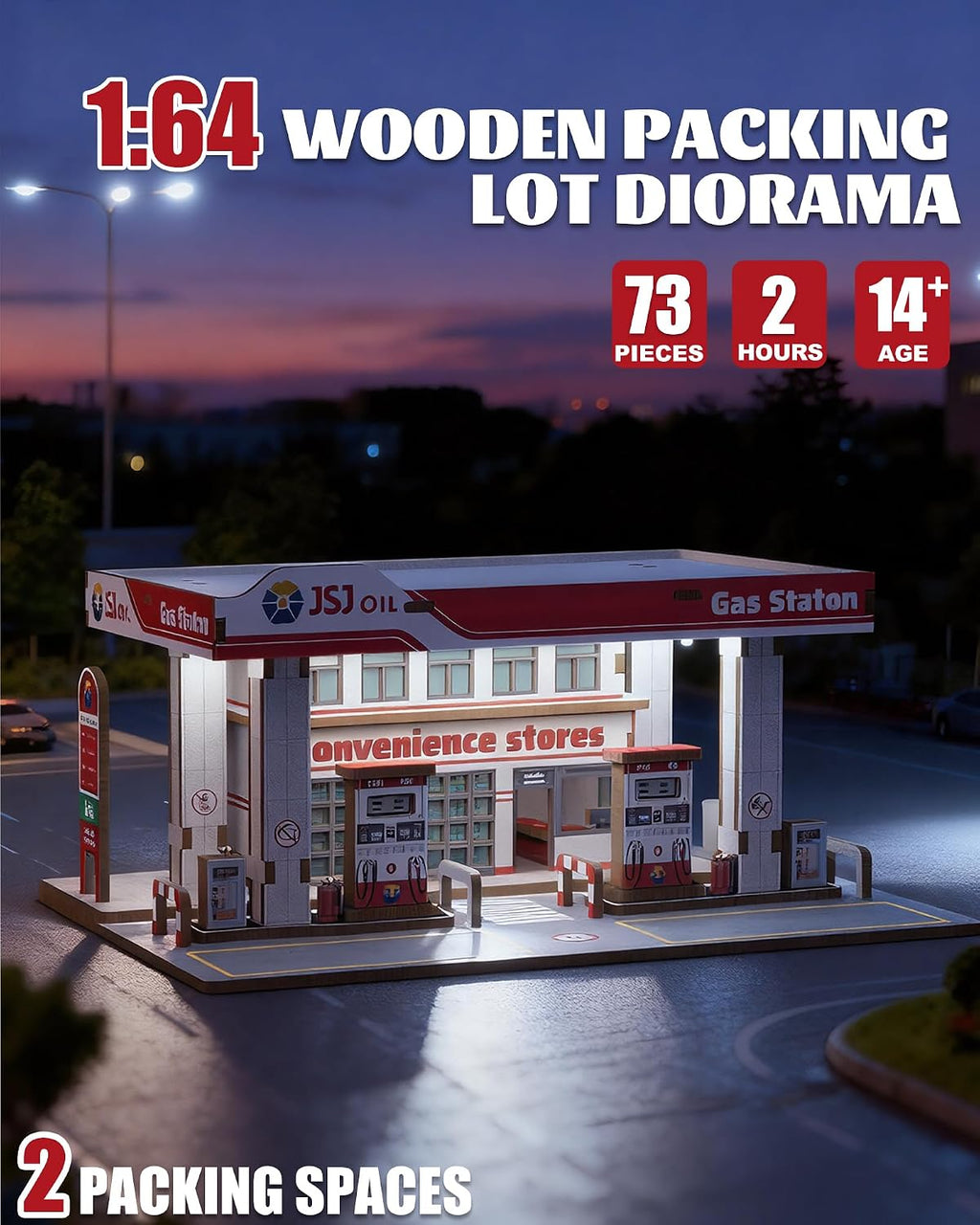 1/64 Wooden Diorama Display for Hot Wheels with LED, Holds 2 Cars | Diecast Model Car Garage for Hot Wheel Matchbox