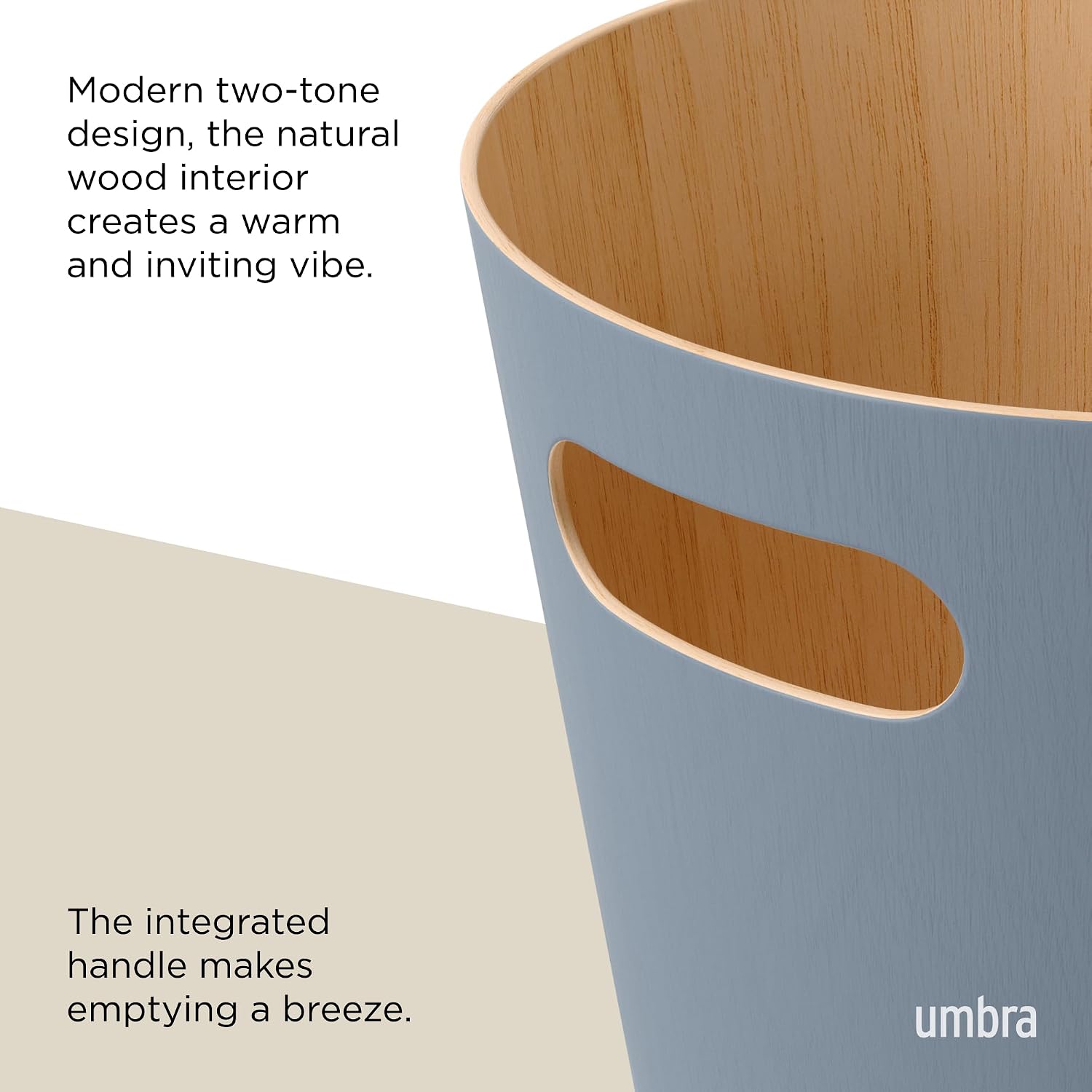 Woodrow Trash Can, Wooden Wastebasket, 2 Gallon, Slate Blue | Beech wood construction, integrated carry handles