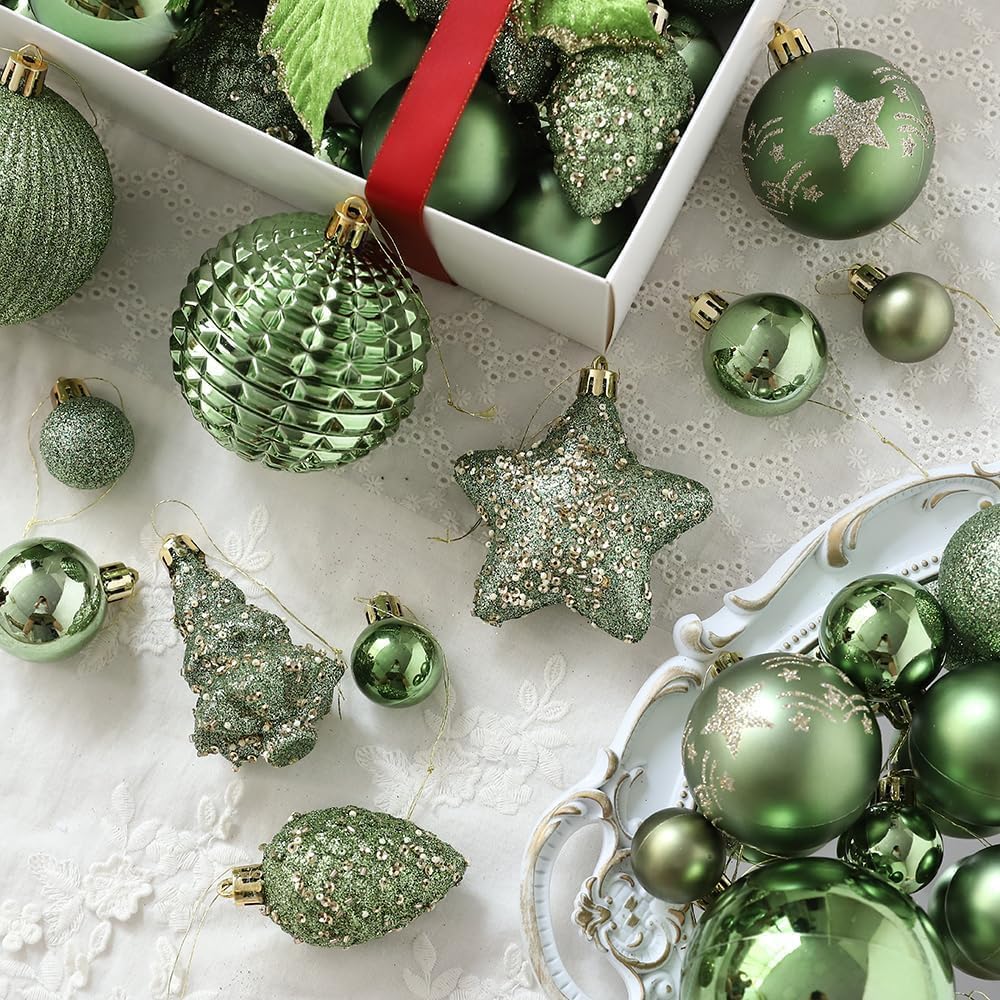 Christmas Ornaments Set, 48ct Green Shatterproof Christmas Tree Decorations Ball Large Glitter Christmas Flowers