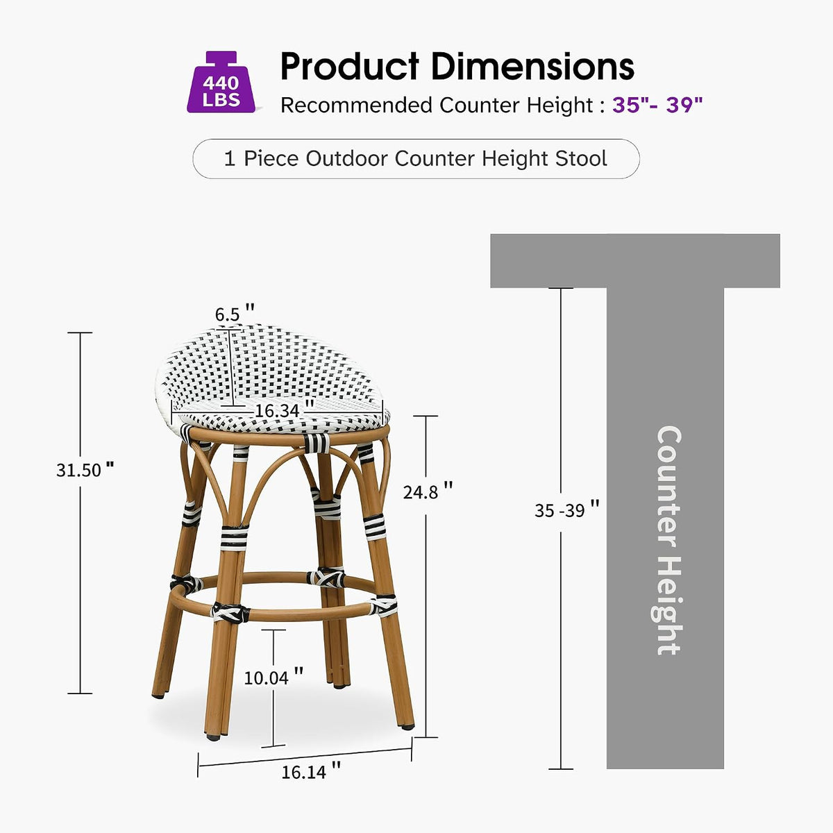 Outdoor Barstools Oversize Counter Stool 1-Pack Backrest Patio