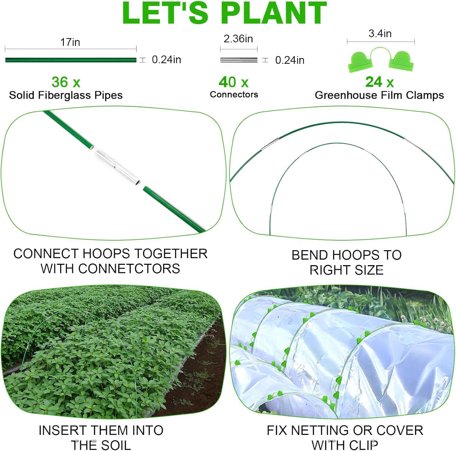 Garden Hoops for Raised Beds Row Cover, 36pcs 8ft Greenhouse Garden Grow Tunnel Netting Hoops, Greenhouse Support