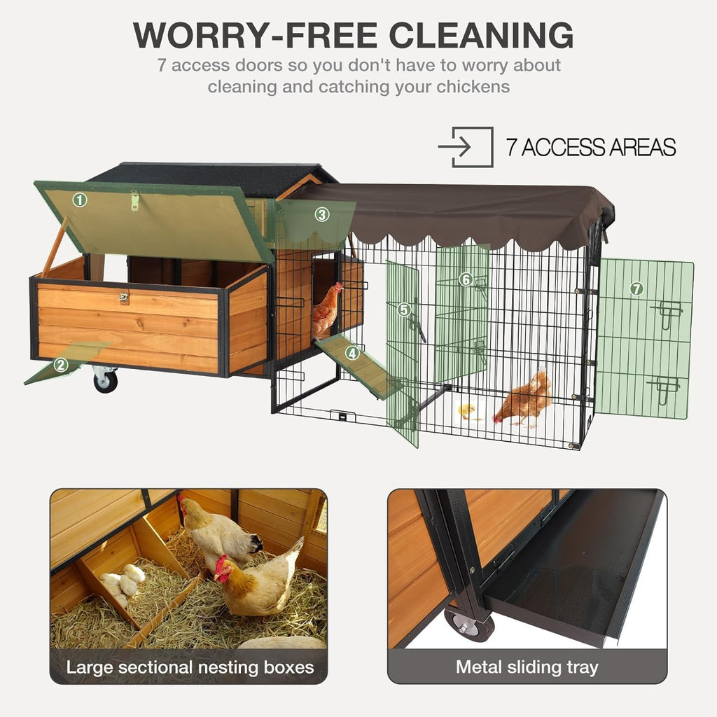 Chicken Coop with Wheels - Spacious 76" Metal Frame Chicken House with 6 Nesting Box and Leakproof Pull-on Tray