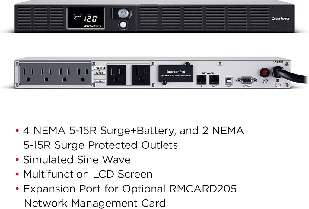 OR500LCDRM1U Smart App LCD UPS Battery Backup and Surge Protector, 500VA/300W, 6 Outlets, AVR, 1U Rackmount, UL