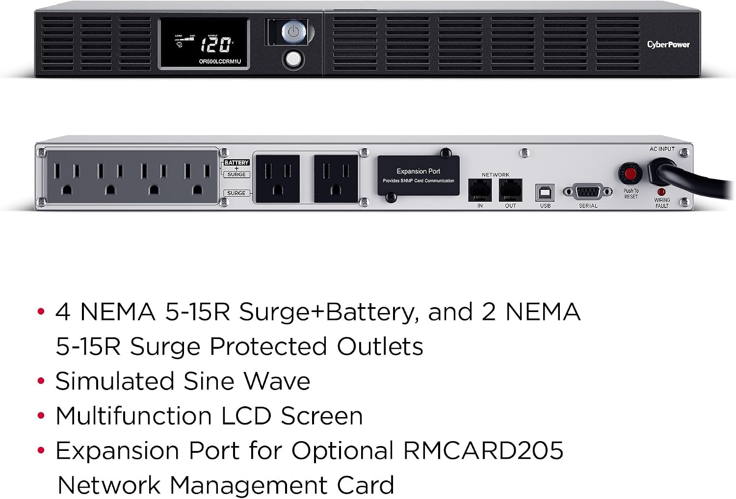 OR500LCDRM1U Smart App LCD UPS Battery Backup and Surge Protector, 500VA/300W, 6 Outlets, AVR, 1U Rackmount, UL
