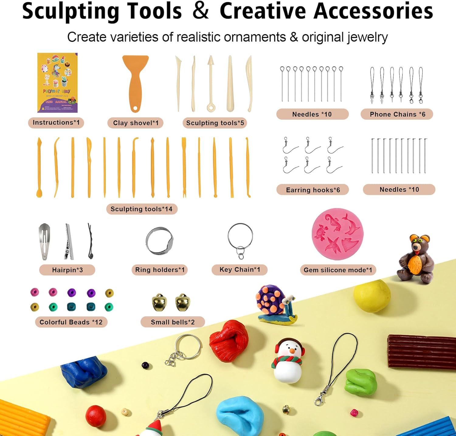 Polymer Clay Kit 60 Colors, Oven Bake Modeling Clay for Kids | DIY Starter Kit, 20 Sculpting Tools & Accessory, Easy