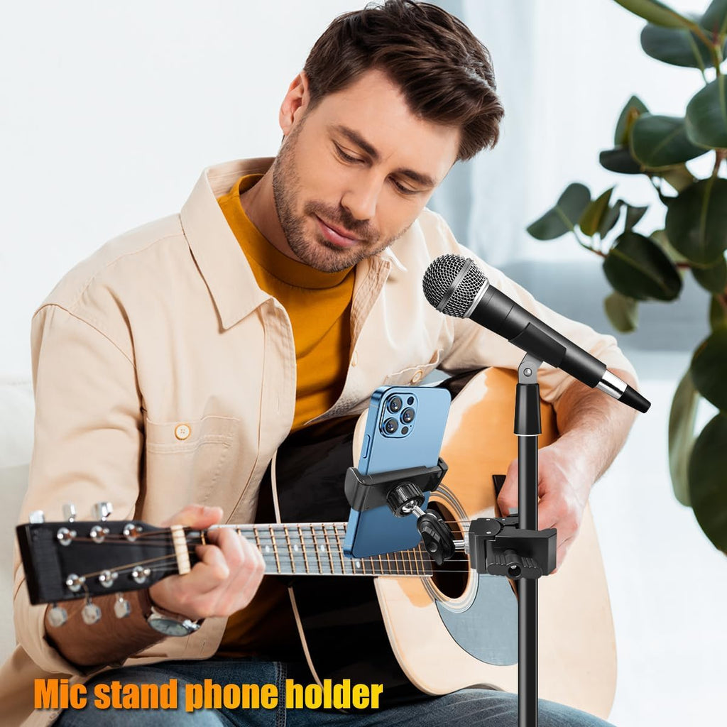 Phone Holder for Mic Stand, Treadmill, Spin Bike, Stroller, Adjustable Clamp on Phone Holder for Microphone Stand