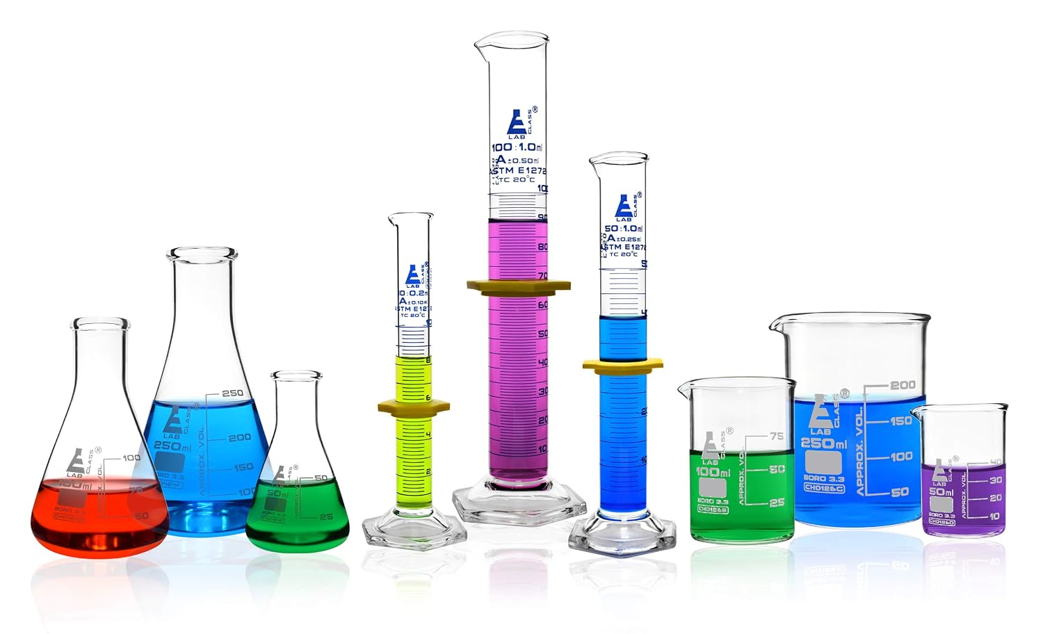 Laboratory Glassware Set, 9pcs - Includes Beaker Set (3pcs), Erlenmeyer Flask Set (3pcs), ASTM Class A Graduated