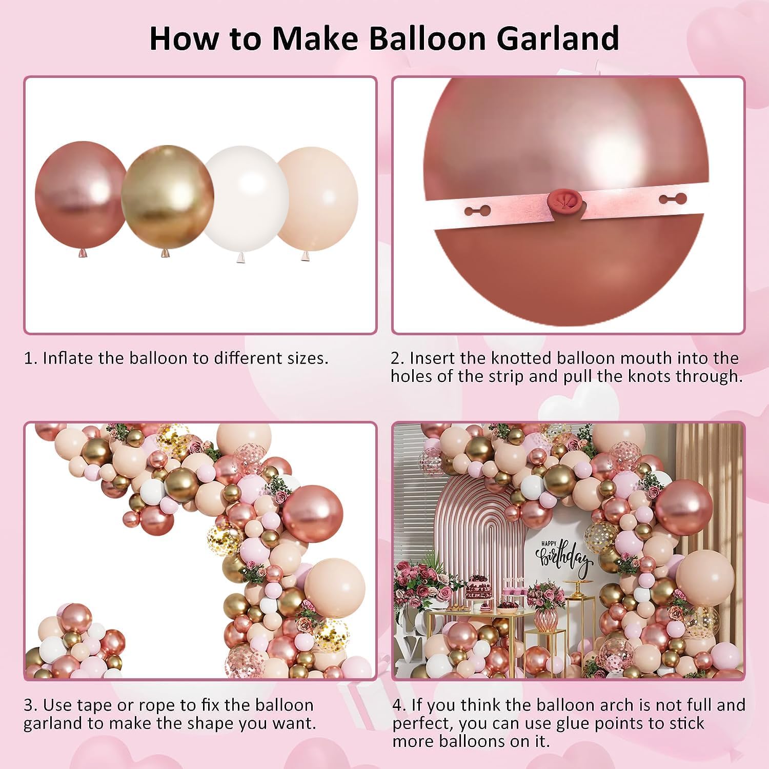 Rose Gold Balloon Garland Kit, Nude Pastel Pink Metallic Gold Matte White Balloons Gold and Rose Gold Confetti