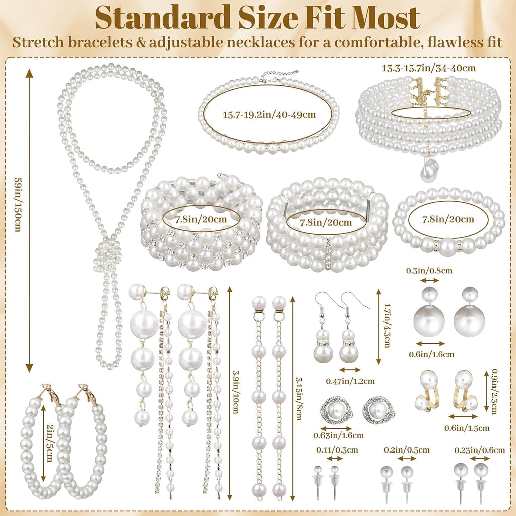 16 Pcs Pearl Jewelry Set with Necklace, Earrings and Bracelets, Pearl Necklaces for Women, Faux Pearls Set Jewelry