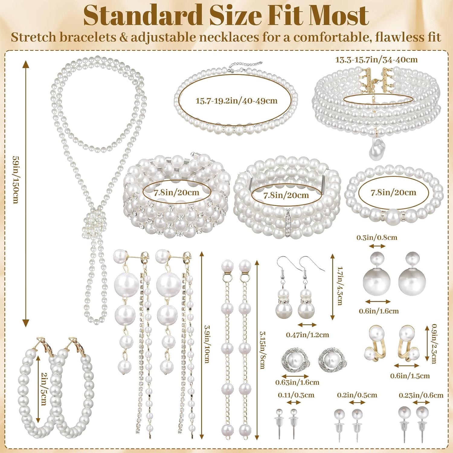 16 Pcs Pearl Jewelry Set with Necklace, Earrings and Bracelets, Pearl Necklaces for Women, Faux Pearls Set Jewelry
