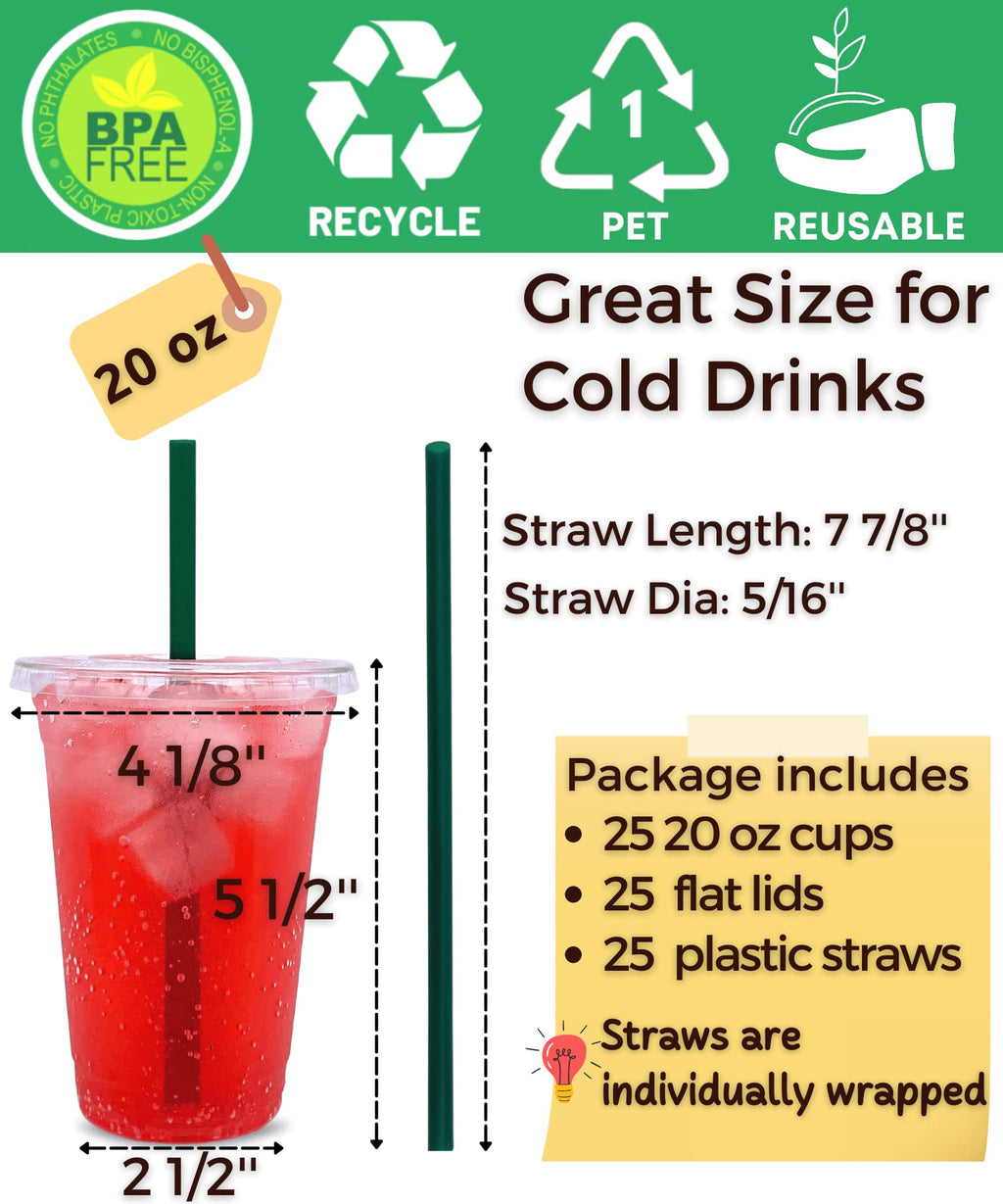 20 oz Clear Plastic Cups with Lids and Straws, Disposable Coffee Cups 25 Sets