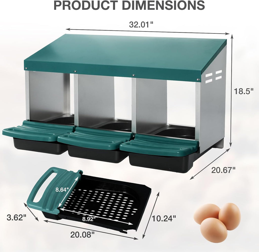 Chicken Nesting Boxes, 3 Compartments Egg Collection with Removable Drawer, Chicken Metal Laying Nest Box for Hens