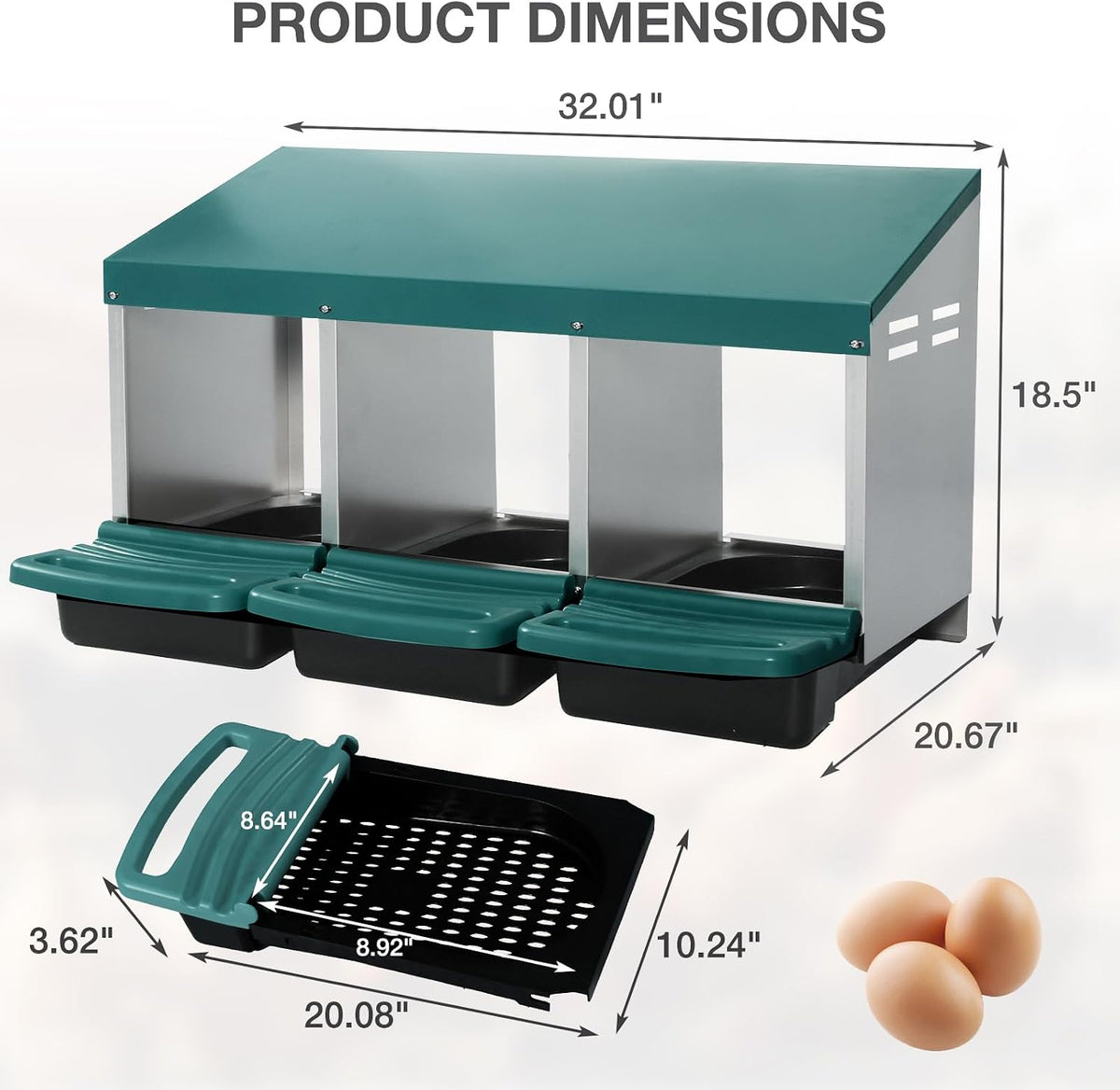 Chicken Nesting Boxes, 3 Compartments Egg Collection with Removable Drawer, Chicken Metal Laying Nest Box for Hens