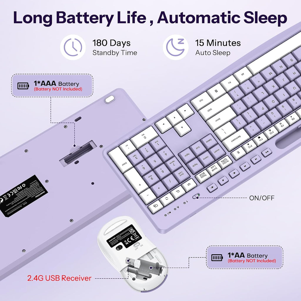 Purple Wireless Keyboard and Mouse Combo,2.4GHz USB Receiver | Built-in Phone Holder & Silent Typing for Home/Office