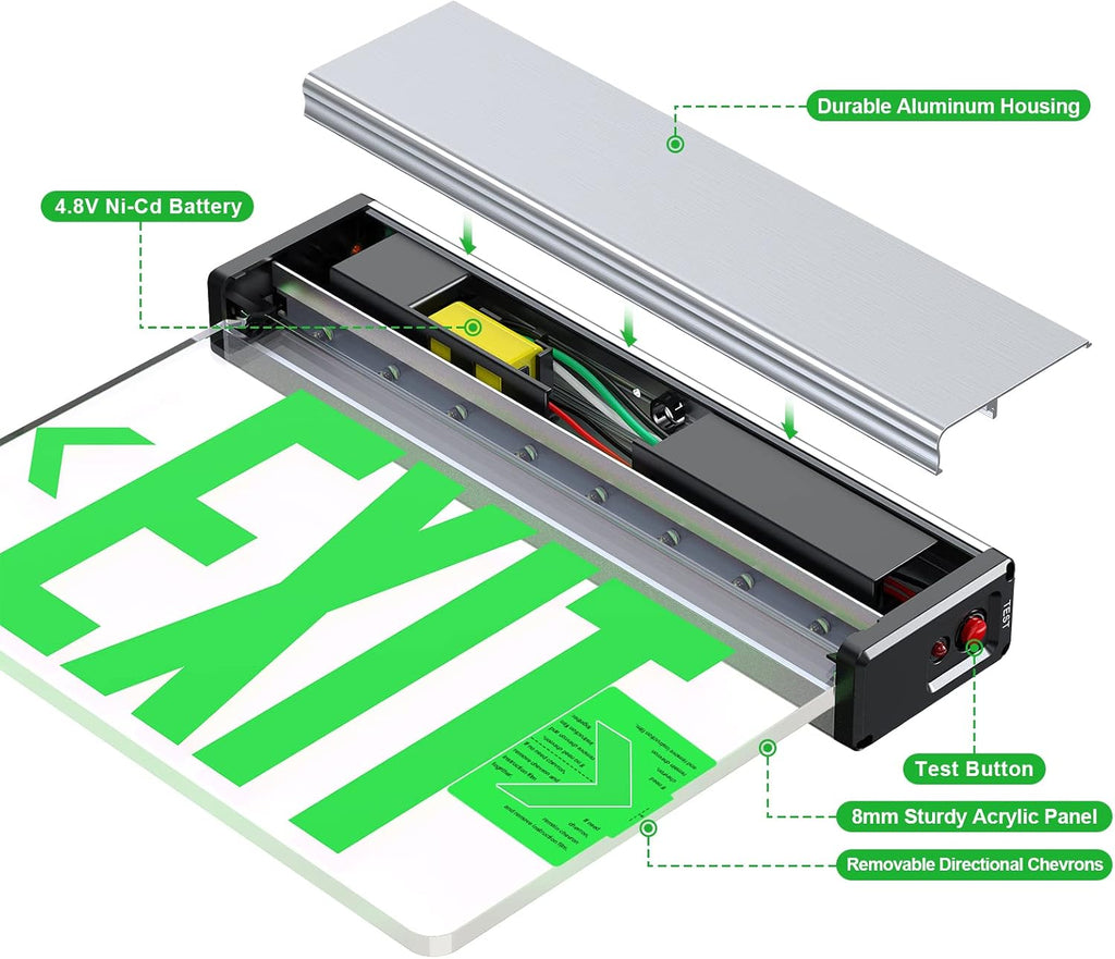 Green LED Edge Lit Exit Sign Brushed Aluminum Housing, UL Listed Emergency Exit Signs Single Sided Clear Acrylic with