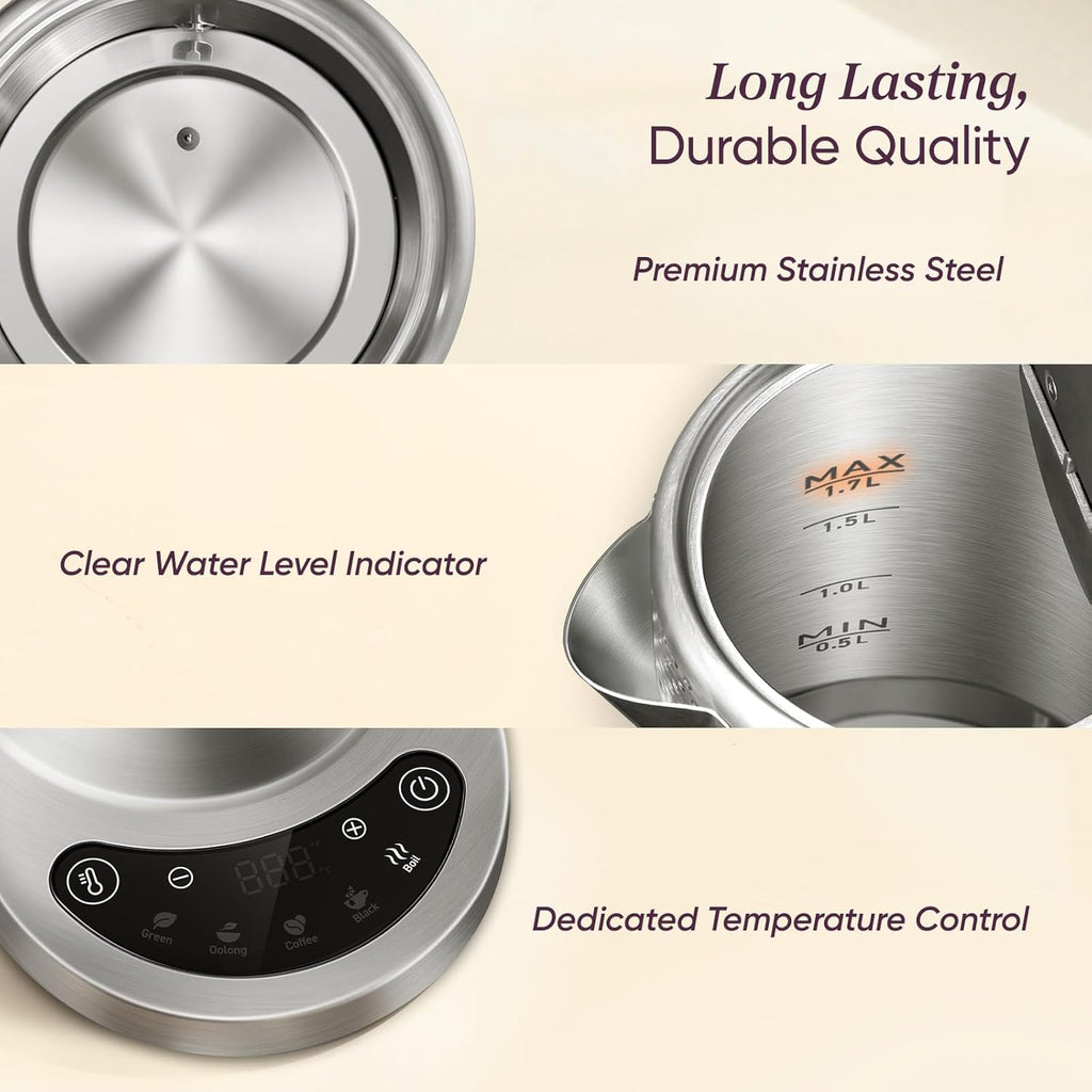 Stainless Steel Electric Kettle with Temperature Control, 1.7L | No Plastic Contact with Water, 5 Presets, ±5°F Temp