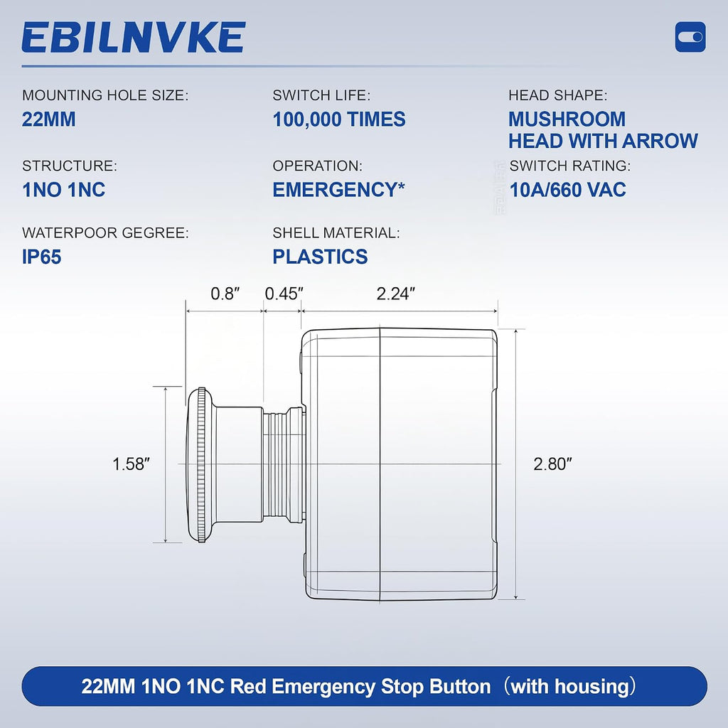 Emergency Stop Push Button Switch, 1NO 1NC 660V 10A 1 Pack