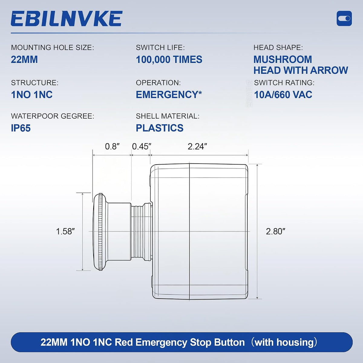 Emergency Stop Push Button Switch, 1NO 1NC 660V 10A 1 Pack