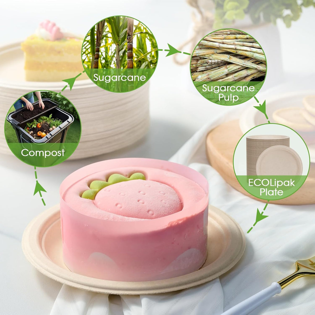 6 in 200 Pack Natural Disposable Compostable Dessert Paper Plates