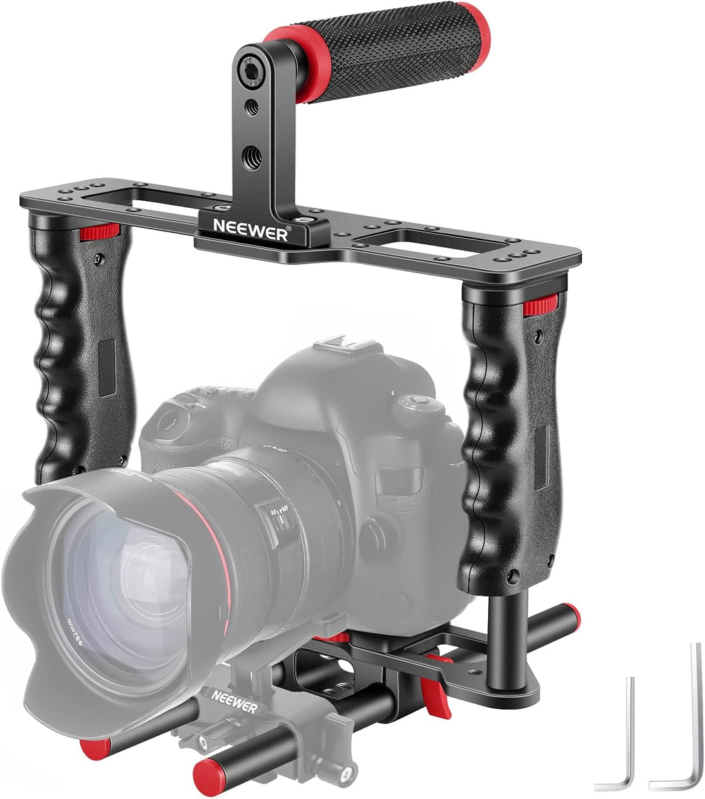 Camera Video Cage Film Movie Making Kit, Aluminum Alloy with Top Handle, Dual Hand Grip, Two 15mm Rods, Compatible