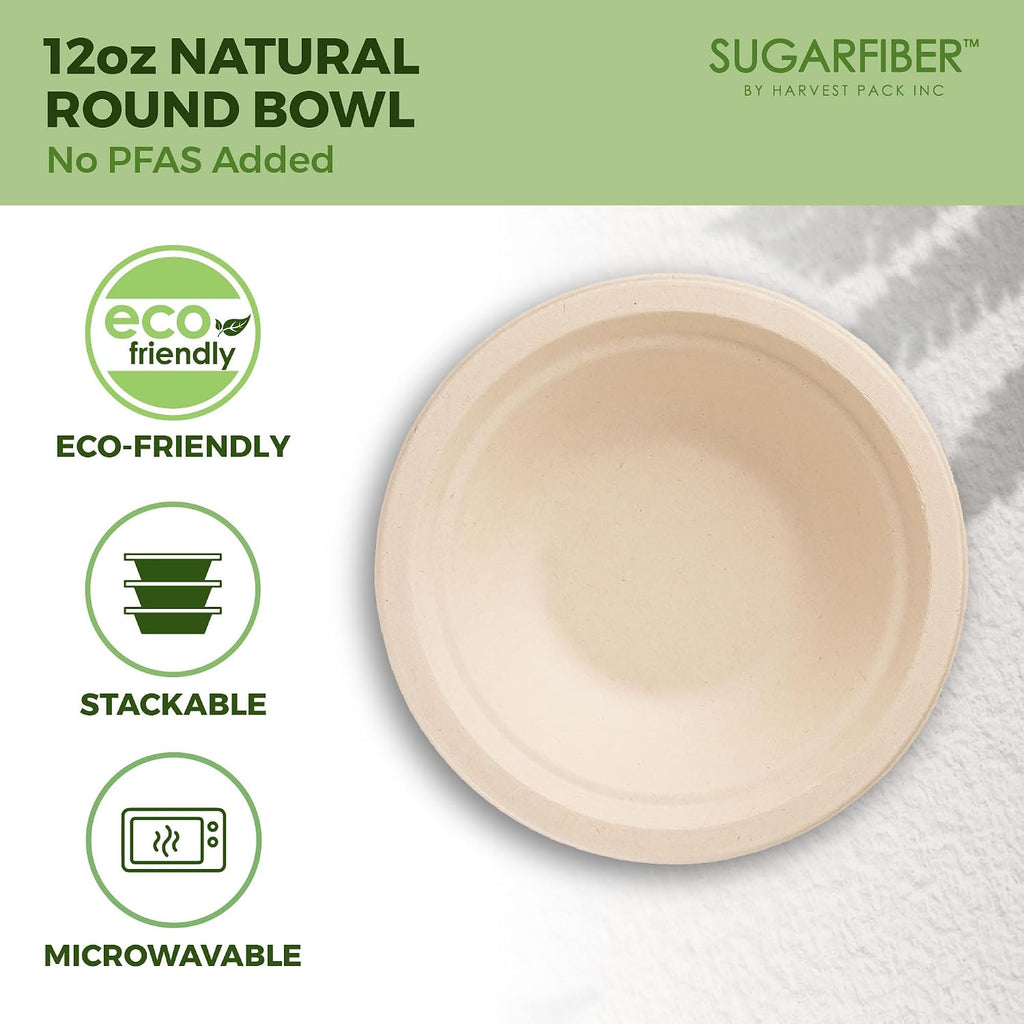 12oz Compostable Paper Bowls Disposable Round Natural Cereal Bowl, 50 Count