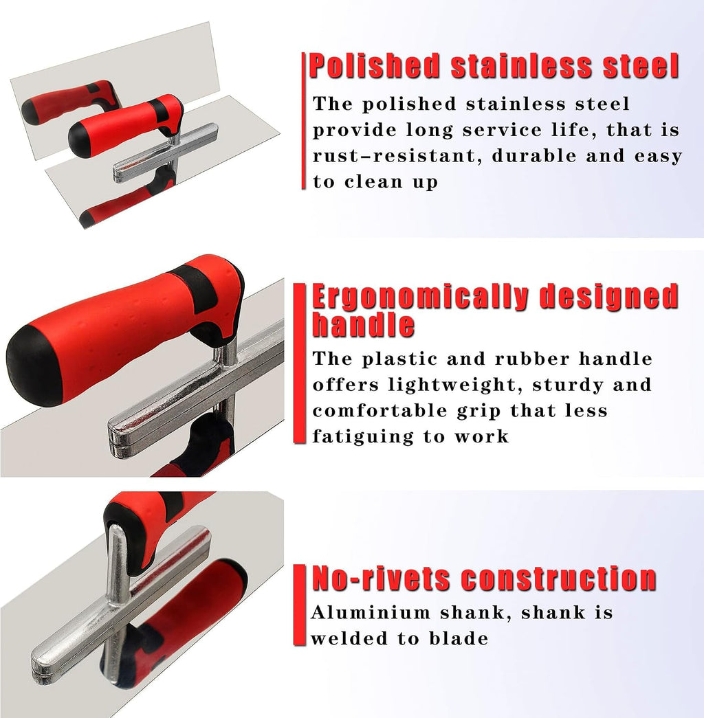 Concrete Tools Set Stainless Steel Flat Finishing Trowel and Pool Trowel Plus Concrete Edger and Groover Stucco