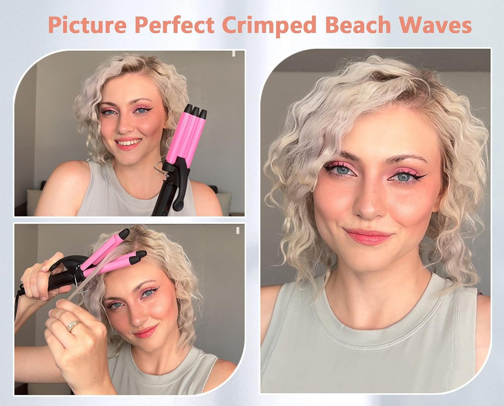 Mini Crimper for Short Hair 1/2 Inch, Small Crimper Hair Tool for Tight Beach Waves, 3 Barrel Waver with Argan Oil
