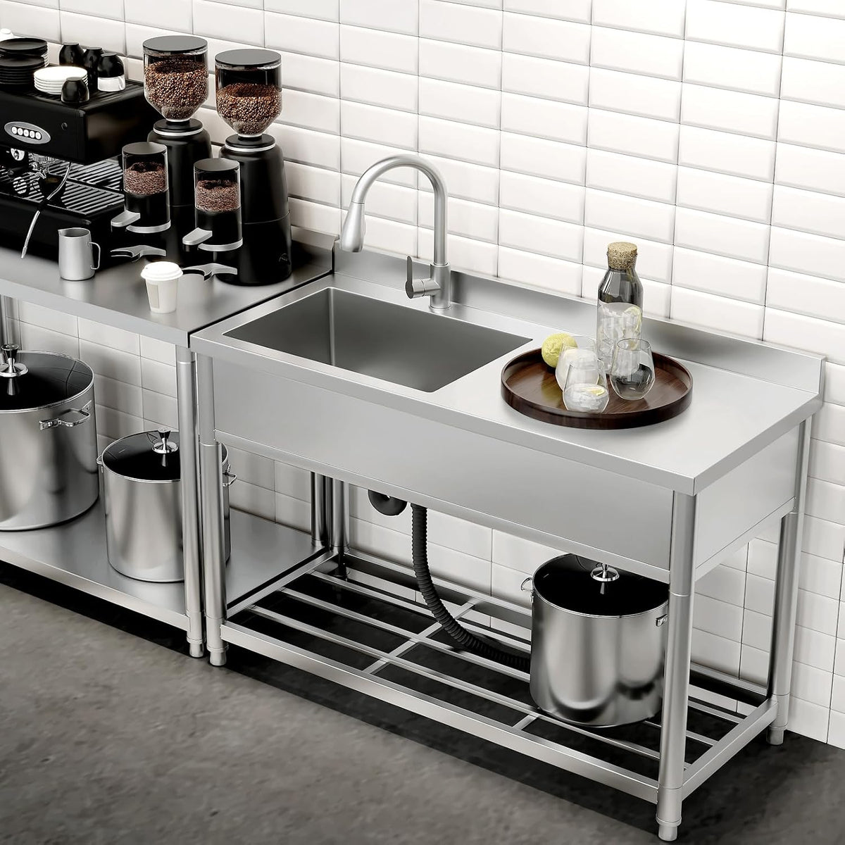 Stainless Steel Commercial Sink with Drainboard, Free Standing Utility Sink