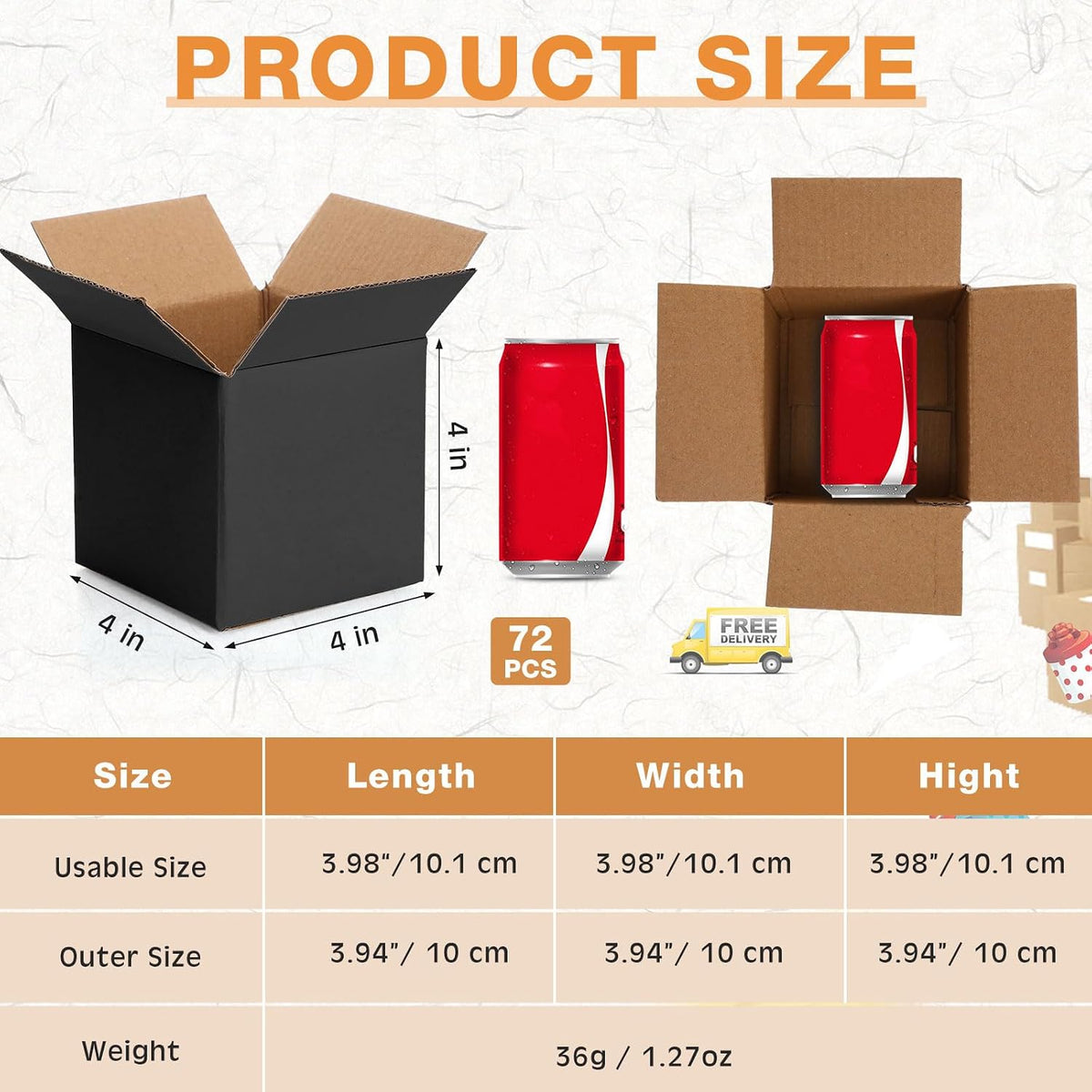 72 Pcs 4 x 4 x 4 Inch Shipping Boxes for Small Business,Black