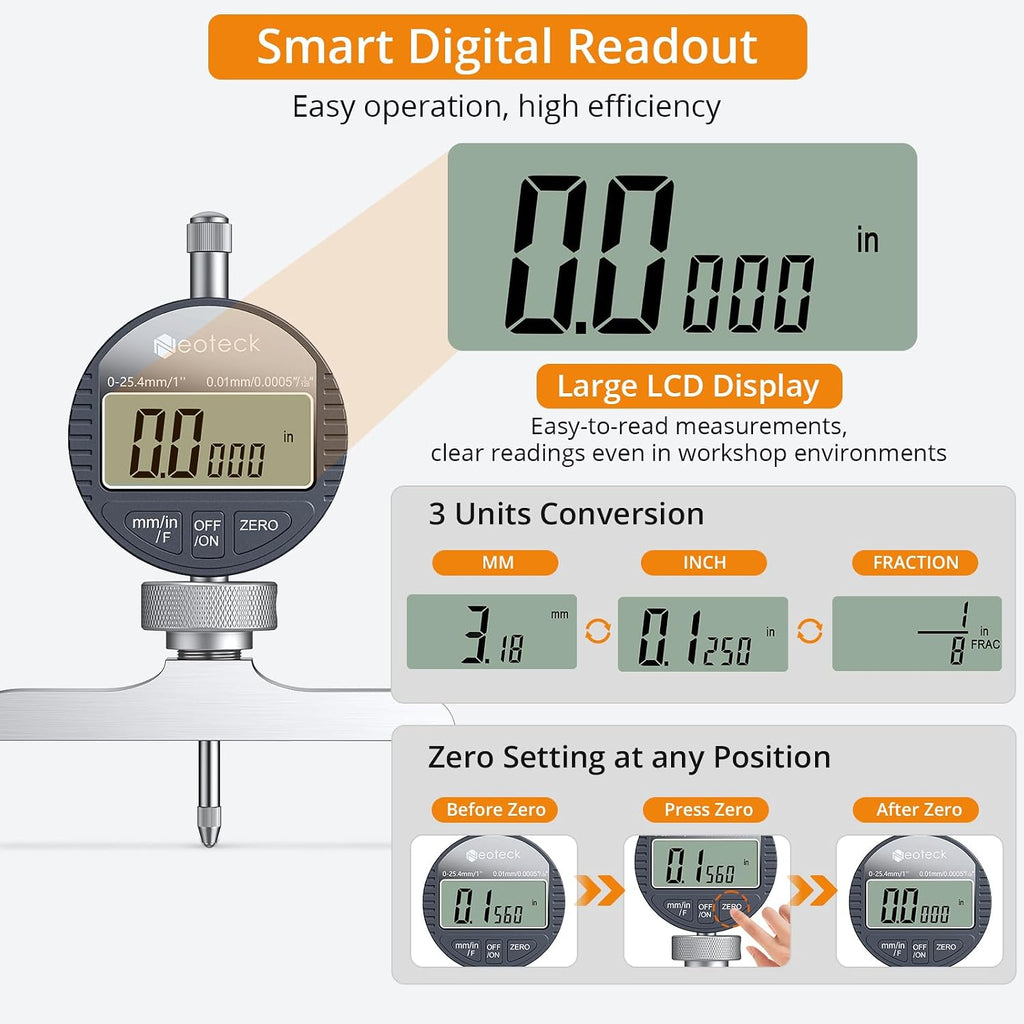 Neoteck 0-22 Inch Digital Depth Micrometer with 1"/0.0005" Dial Indicator