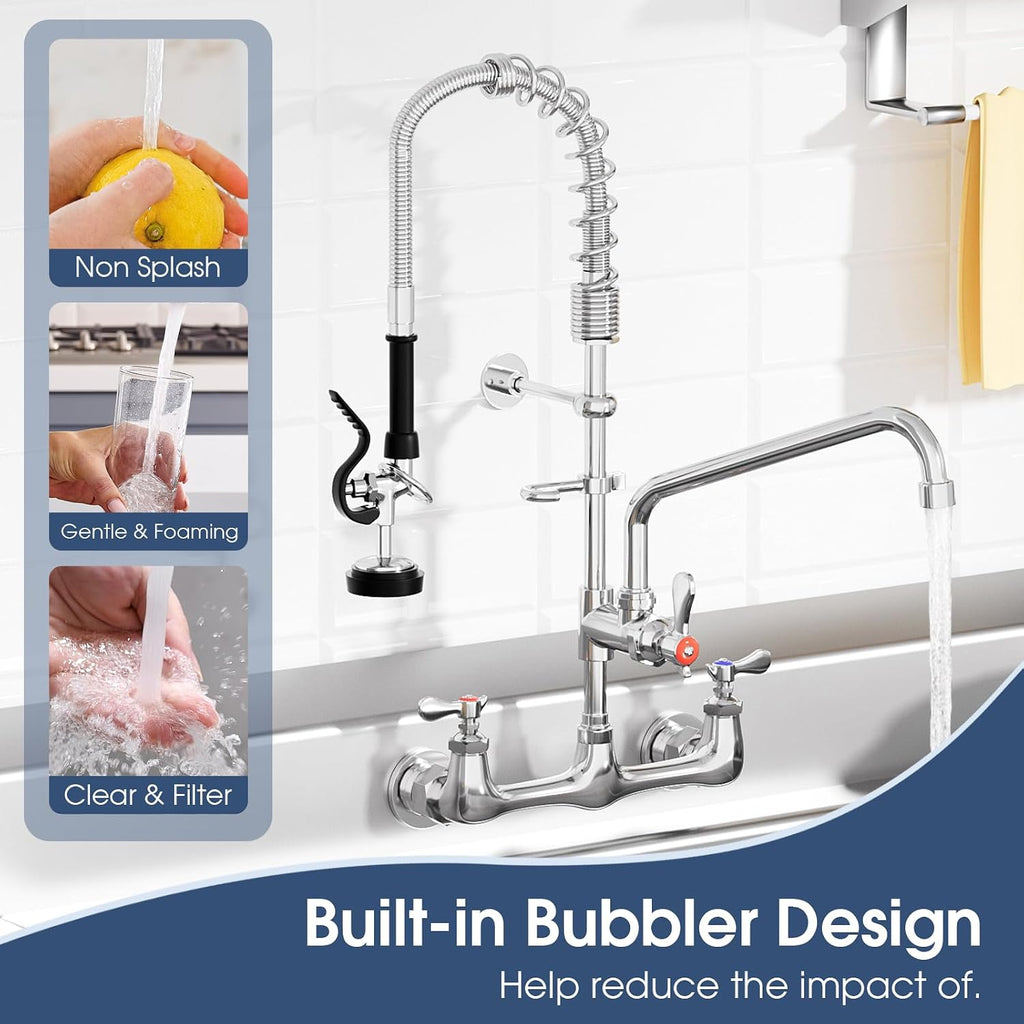 Commercial Wall Mount Kitchen Faucet with Pull Down Pre-Rinse Sprayer, Adjustable Swing Spout, Heavy-Duty Utility