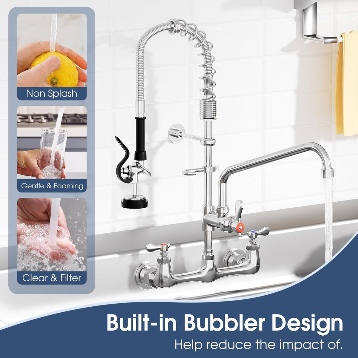 Commercial Wall Mount Kitchen Faucet with Pull Down Pre-Rinse Sprayer, Adjustable Swing Spout, Heavy-Duty Utility