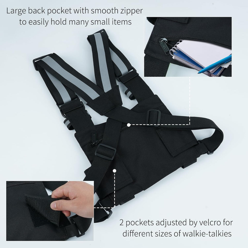 Radio Harness with Reflective Straps, Micro Rig Harness Chest Pack Tactical Vest Radio Holster Bag