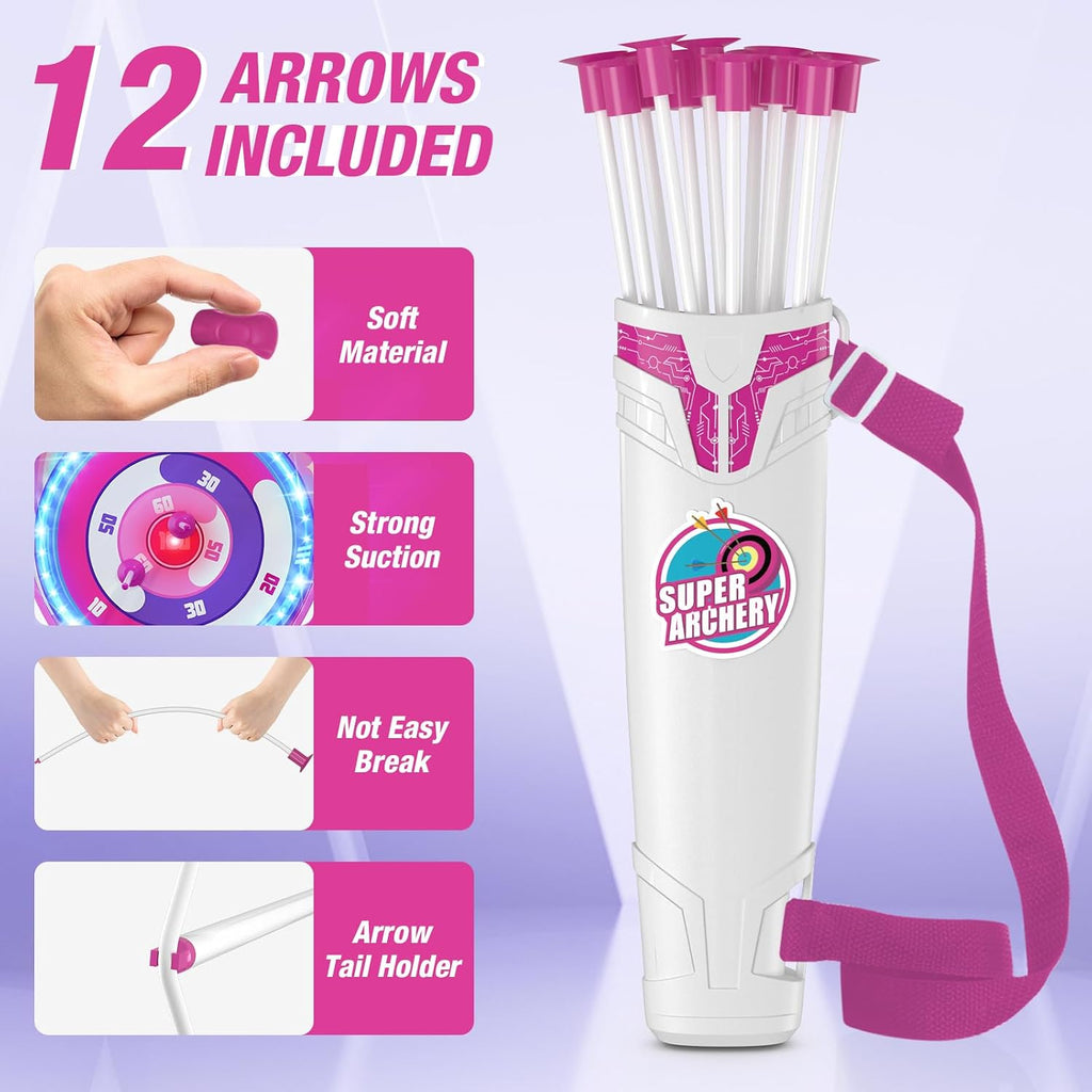 Bow and Arrow for Kids, LED Light Up Archery Set with Unicorn Target | with 12 Suction Cup Arrows, 1 Standing Glow