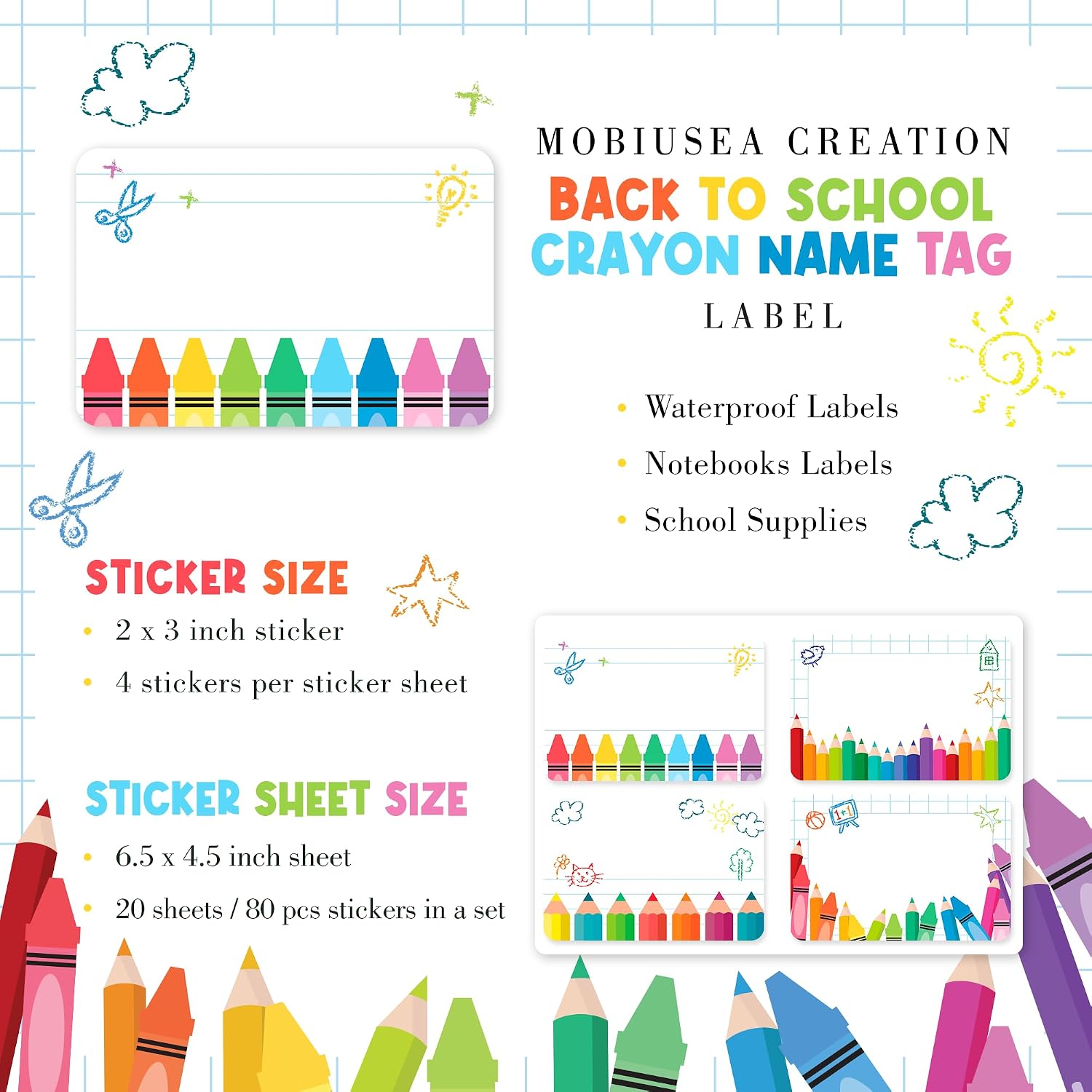 Colorful Crayon Name Tag Stickers 80pcs Kids Labels | Sticker labels to write on for notebooks, school supplies, name
