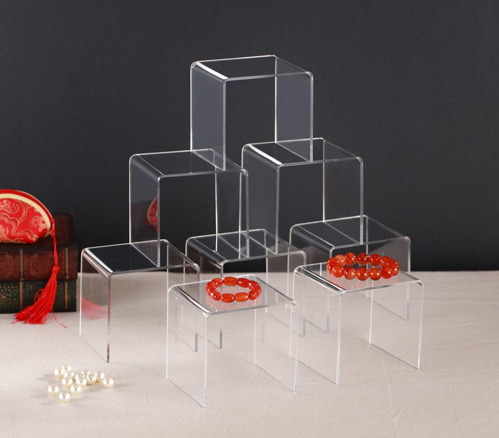 8 PC 4'' Clear Acrylic Risers,Retail Display Risers Shelf | Showcase Fixtures for Jewelry, Display Stand for Amiibo