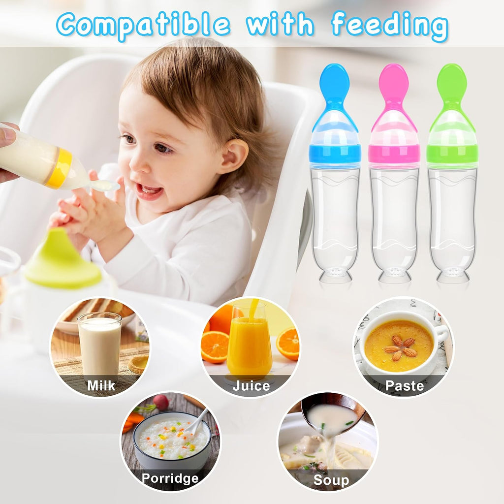 Baby Food Feeder 4 Pack Silicone Baby Food Dispensing Spoon-WAJIAYON, 3 oz Squeeze Feeding Spoons with Suction Cup