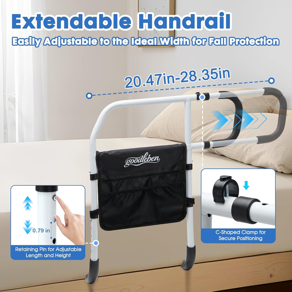 Bed Rails for Elderly Adults, Adjustable Bed Assist Rails for Seniors with Non-Slip Handle & Storage Pocket, Bed