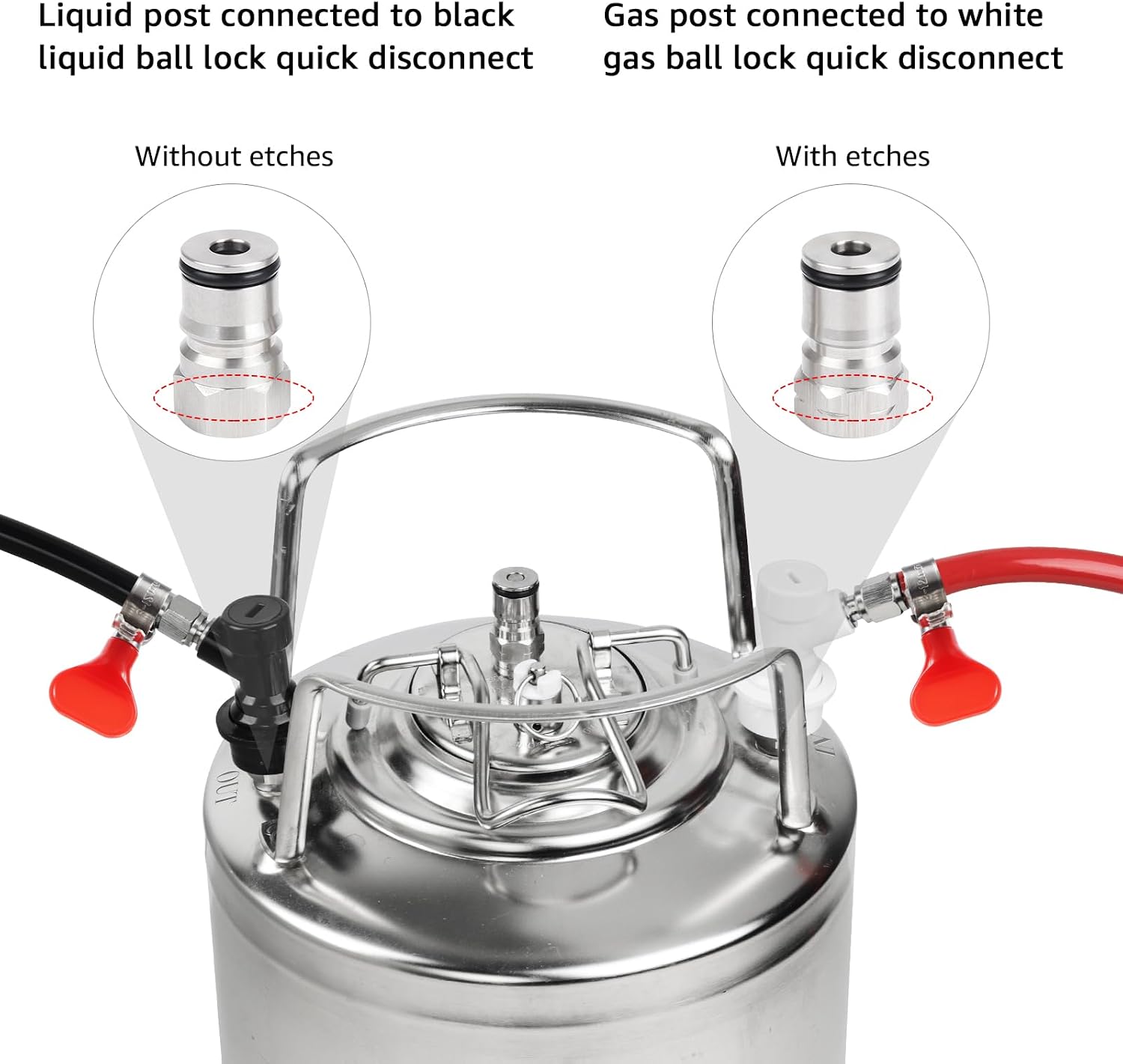Ball Lock Keg Connectors – Corny Keg Post Quick Disconnect Set | No Leakage, O.D 1/4" Beer & 5/16" Gas Barb, 4x Spare