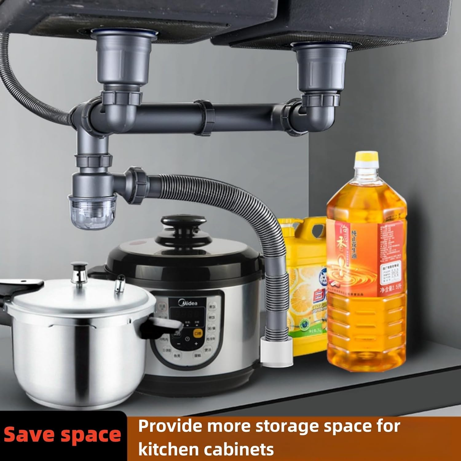 Double Sink Drain Kit Space Saving Kitchen Sink Drain Kit Expandable Flexible 1 1/2" P-Trap Pipe 3-1/2 Inch Sink