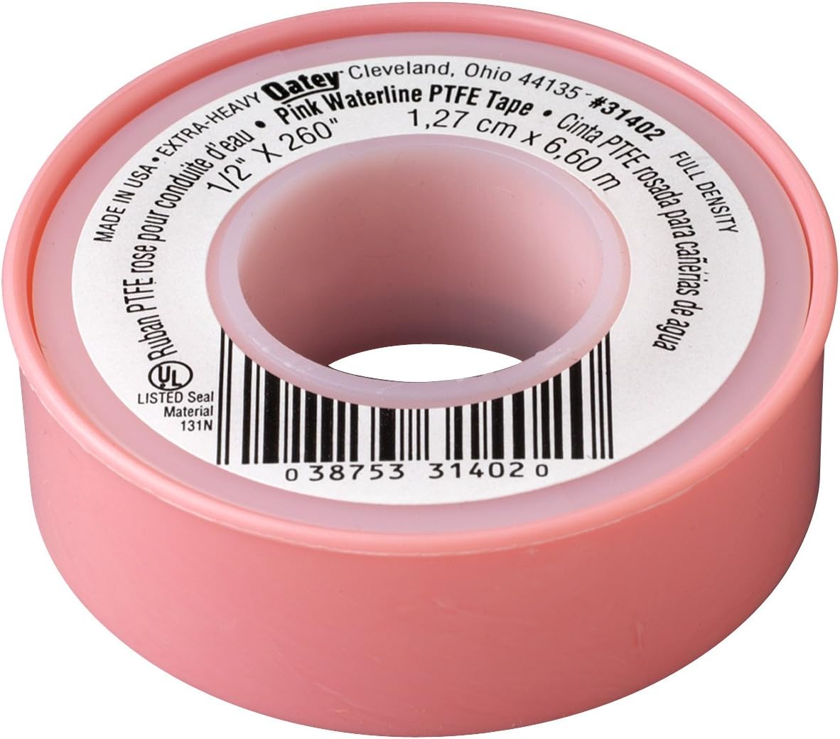 31402D Water-Line Thread Seal Tape, 260 in L X 1/2 in W, 0.003 in T, PTFE Backing, Pink, -450 to 500 Deg F, 1/2-Inch
