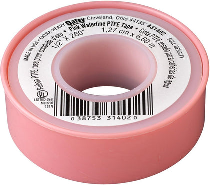 31402D Water-Line Thread Seal Tape, 260 in L X 1/2 in W, 0.003 in T, PTFE Backing, Pink, -450 to 500 Deg F, 1/2-Inch